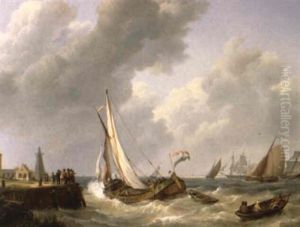 Zeilschepen Op Woelig Water Nabij De Kust by Hermanus Koekkoek the Elder