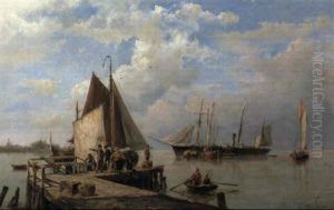 A View Of An Estuary With Figures Unloading Vessels On A Jetty