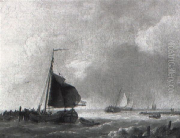 A Hay Barge And Other Vessels Sailing In Dappled Light Offshore - view 1