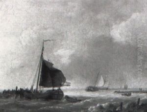 A Hay Barge And Other Vessels Sailing In Dappled Light Offshore