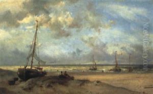 Fisherfolk Near Beached Bomschuiten by Hermanus Koekkoek the Elder