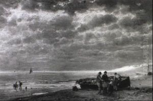Vissers Bij Een Sloep Op Het Strand