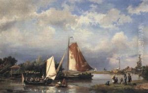 River Landscape With Sailing Vessels And Countryfolk by Hermanus Koekkoek the Elder