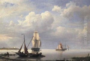 An Estuary With Fisherfolk Beaching A Vessel by Hermanus Koekkoek the Elder