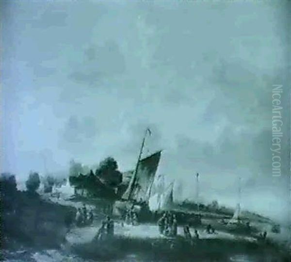 Barges Moored In A Dutch River Estuary With Figures Sorting The Catch - view 1