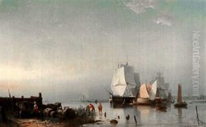 Three Mast Ships At Anchor by Hermanus Koekkoek the Elder