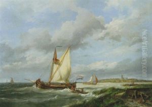 Figures In A Rowing-boat Approaching A Sailing Barge Off The Coast by Hermanus Koekkoek the Elder