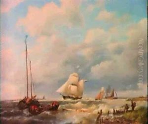 Sailing Vessels And Men In A Rowing Boat Off The Coast by Hermanus Koekkoek the Elder