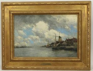 Hollandse Stad Aan Een Rivier by Hermanus Koekkoek the Younger