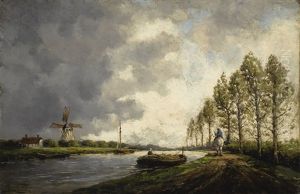 A River Landscape With A Horseman On A Path And Windmills Beyond by Hermanus Koekkoek the Younger