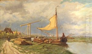 Loading The Ship Near A Drawbridge by Hermanus Koekkoek the Younger