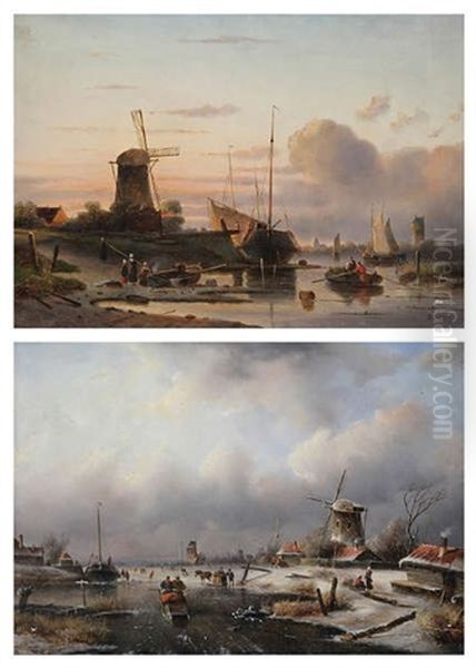 Paysage Anime En Hiver Et Personnages Dans Des Voiliers Pres D'un Moulin (pair) - view 1