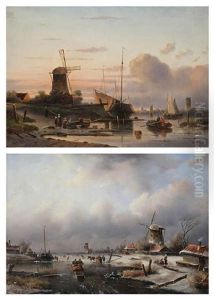 Paysage Anime En Hiver Et Personnages Dans Des Voiliers Pres D'un Moulin (pair) by Hermanus Koekkoek the Younger