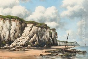 Fishing Boat At Low Tide By A Rocky Coast