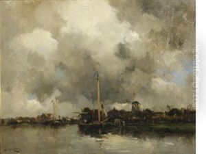 A River Landscape Under Threatening Skies by Hermanus Koekkoek the Younger