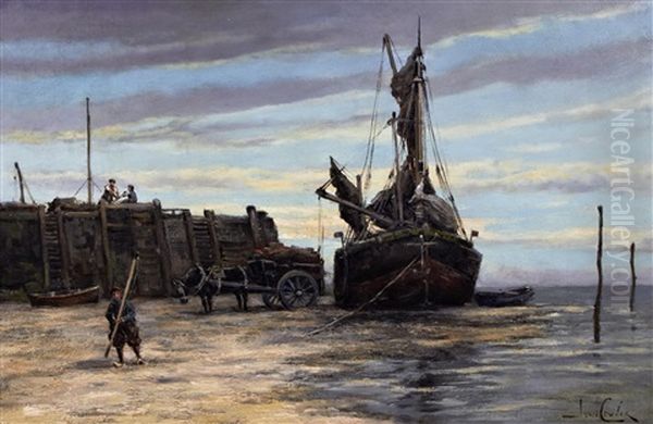 View Of A Dutch Waterfront, Possibly Delft And Fishermen Unloading The Catch (pair) - view 1