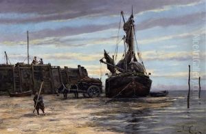 View Of A Dutch Waterfront, Possibly Delft And Fishermen Unloading The Catch (pair) by Hermanus Koekkoek the Younger