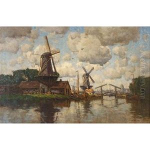 Windmills Along A Canal by Hermanus Koekkoek the Younger
