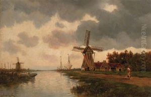 Windmills Along A River by Hermanus Koekkoek the Younger