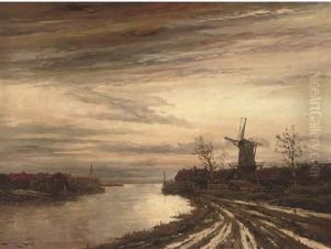 A Dutch Canal Town At Dusk by Hermanus Koekkoek the Younger