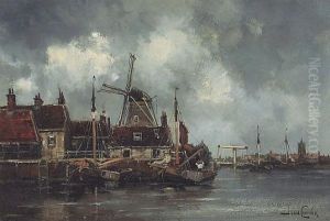 A Dutch Port With A Windmill Beyond (+ A Boat On An Estuary; Pair) by Hermanus Koekkoek the Younger