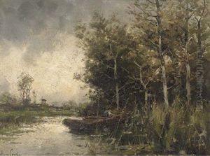 Figure On A Boat, With A Windmill Beyond by Hermanus Koekkoek the Younger