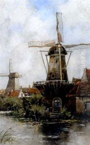 Windmills In A Village by Hermanus Koekkoek the Younger