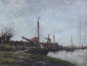 Boats On A Dutch Canal by Hermanus Koekkoek the Younger