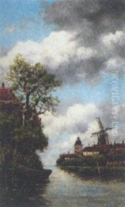 Hollandsk Landskab Med By Og Molle Ved Kanal by Hermanus Koekkoek the Younger