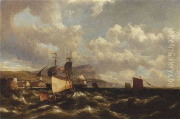 Shipping On Choppy Water Off A Rocky Coast By A Harbour - view 1