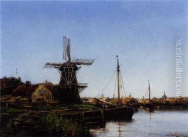A Barge Moored By A Windmill Before A Dutch Town - view 1
