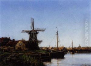 A Barge Moored By A Windmill Before A Dutch Town by Hermanus Koekkoek the Younger