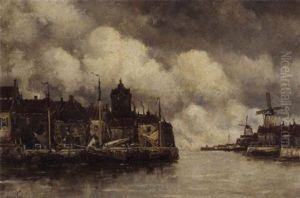 Moored Vessels Along A Quay In A Dutch Town by Hermanus Koekkoek the Younger