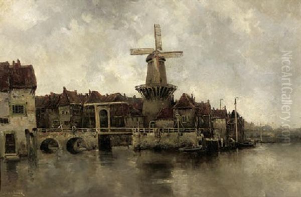 A Windmill By A Drawbridge In A Town - view 1