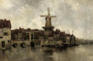 A Windmill By A Drawbridge In A Town