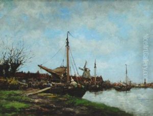 Merchant Ships On Dutch Canal by Hermanus Koekkoek the Younger