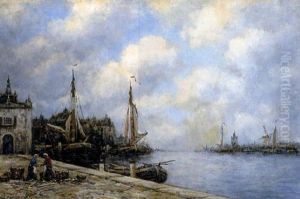 A Dutch Harbor And Wharf by Hermanus Koekkoek the Younger