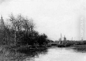 Scheepjes In Een Stadssingel by Hermanus Koekkoek the Younger