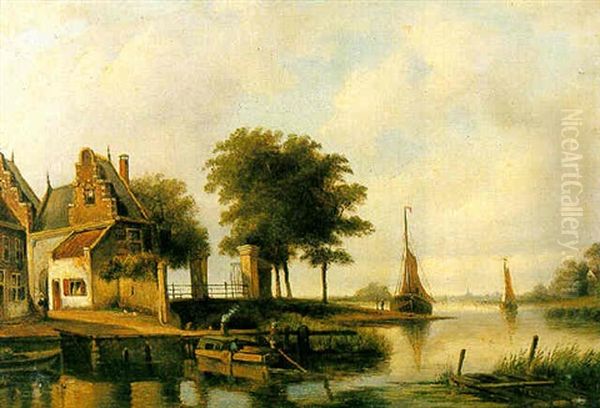 Barges Before A Town On A River - view 1