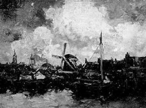 Harbor View With Fishing Boats And Distant Windmill by Hermanus Koekkoek the Younger