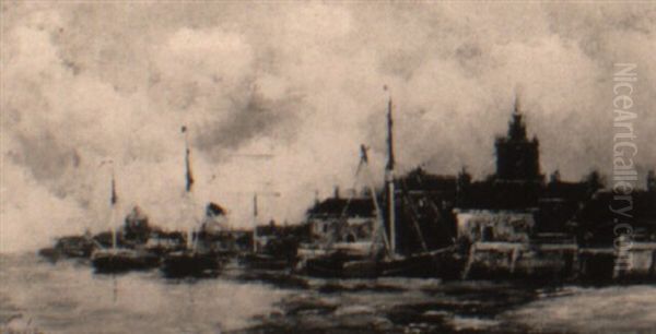 Sailing Vessels In A Harbor Near A Town - view 1