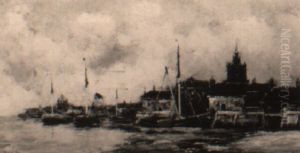 Sailing Vessels In A Harbor Near A Town Sailing Vessels In A Harbor Near A Town