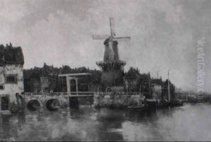 Dutch Harbour Scene With Windmill by Hermanus Koekkoek the Younger