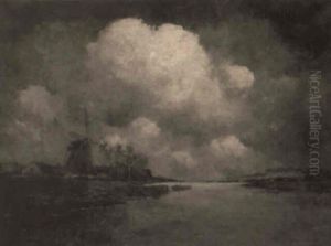 Dutch River Landscape With Figure Boating by Hermanus Koekkoek the Younger