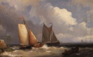 Seascapes With Sailing Vessels In A Rough by Hermanus Koekkoek the Younger