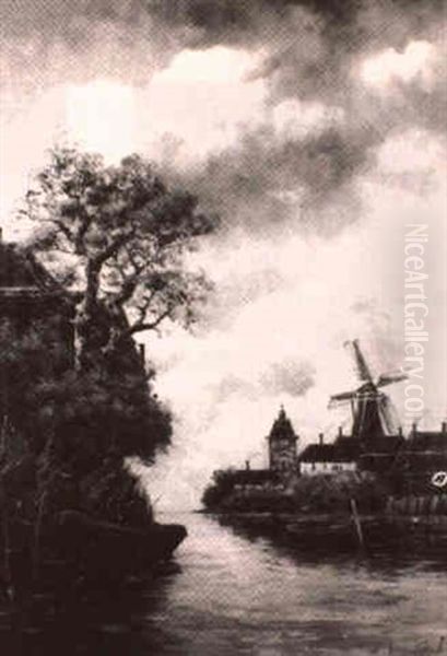 Dutch Windmill And Country Houses On Canal - view 1
