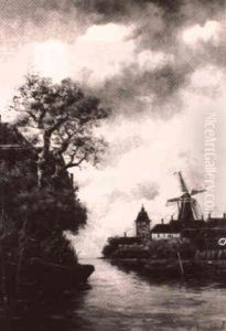 Dutch Windmill And Country Houses On Canal by Hermanus Koekkoek the Younger