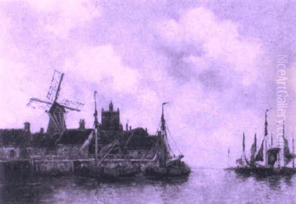 Boats Moored Before A Coastal Town - view 1