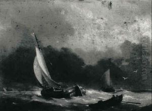 Barge And Rowing Boat In A Swell