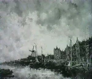 Barges Moored In A Harbour by Hermanus Koekkoek the Younger